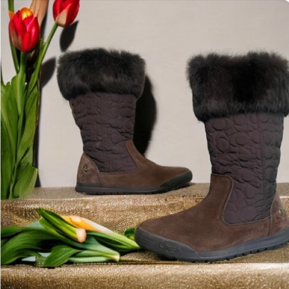 COACH Talen Genuine Rabbit Fur Cuff Quilted Boots Women's Size 6 M Brown - Picture 2 of 12